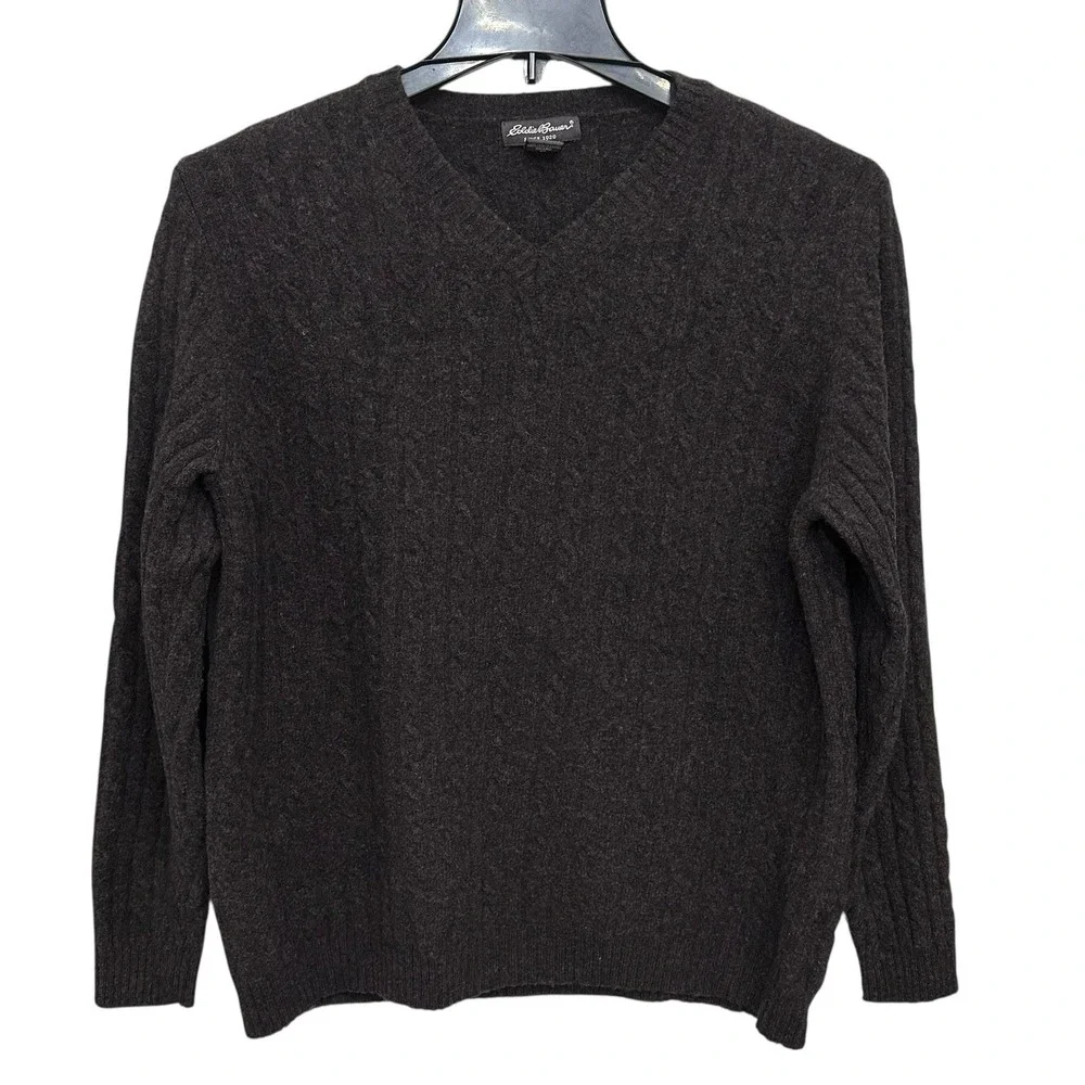 VTG Eddie Bauer Mens Lambswool Sweater XLT Cableknit Crew Neck Fisherman Brown - Picture 7 of 8
